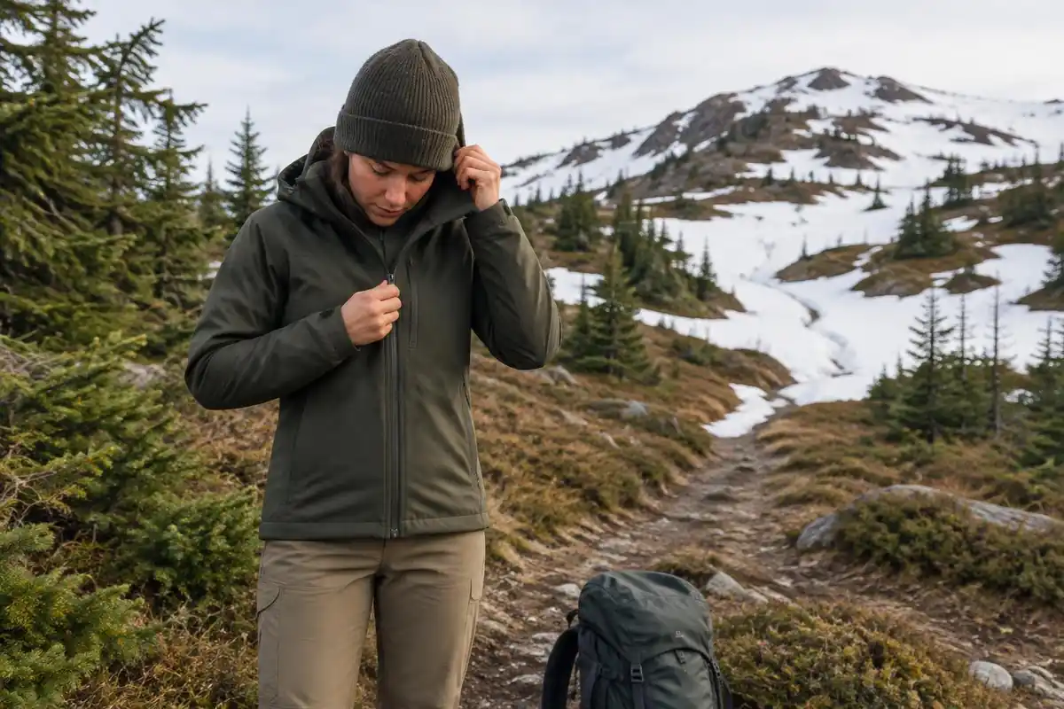 Hiker putting on a fleece and hat where trail meets snowy upper slope