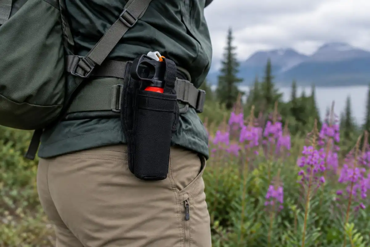 Bear spray canister in a hip holster with fireweed in soft focus