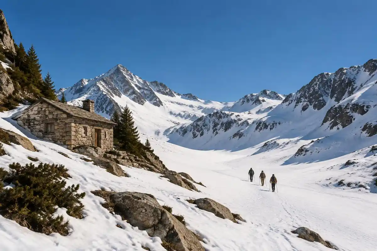 High glacier pass with a stone hut and a rope team far off, big snow ridges