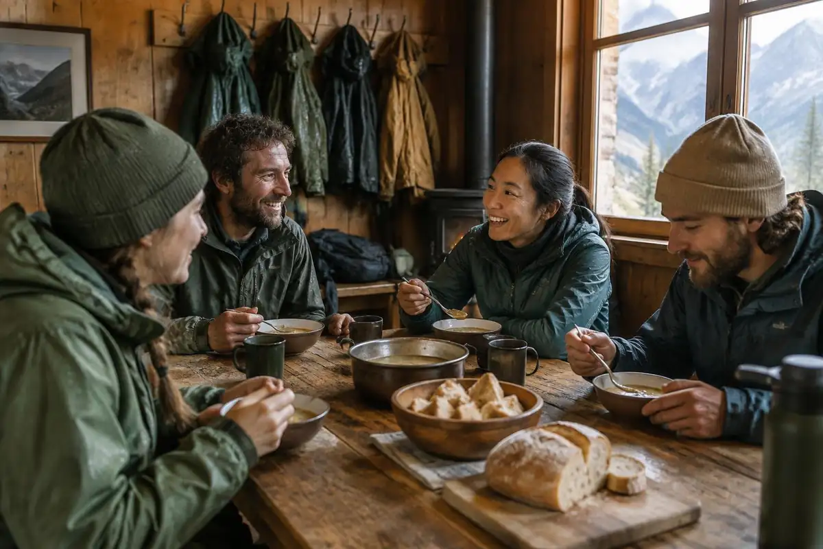 Hikers eating soup at a long wooden table in an alpine hut