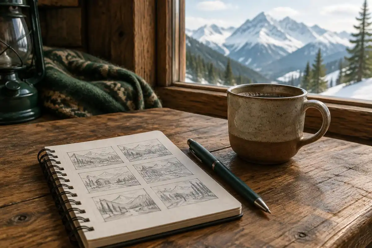 Notebook with an itinerary sketch beside a cup of coffee and a pen at a hut table