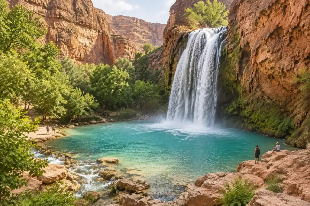 Turquoise waterfall in red canyon with green cottonwoods and swimmers far below