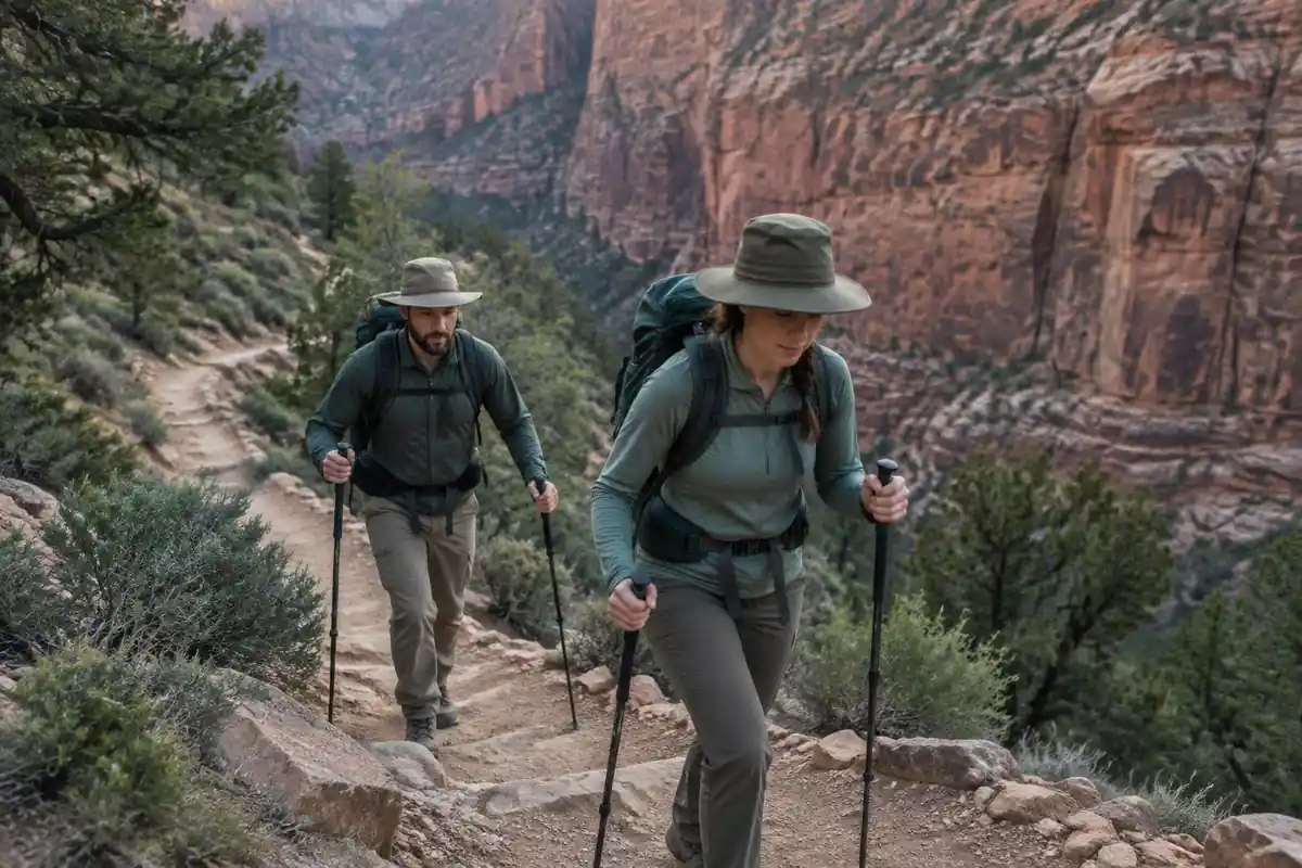 Trekkers climbing a long dusty switchback out of a desert canyon at early morning