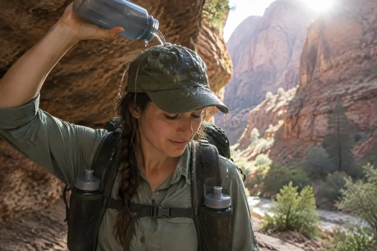 Refilled water bottles in a pack and a wet cap being poured over a hiker's head