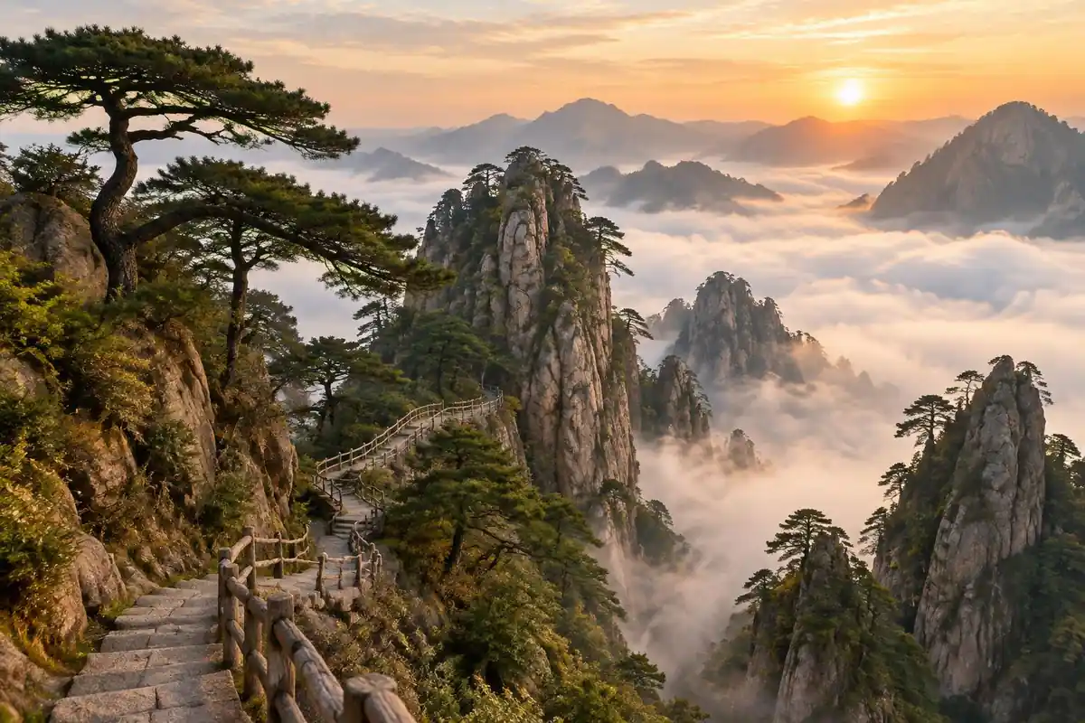 Twisted pines on granite peaks rising through a sea of clouds with stone stairs