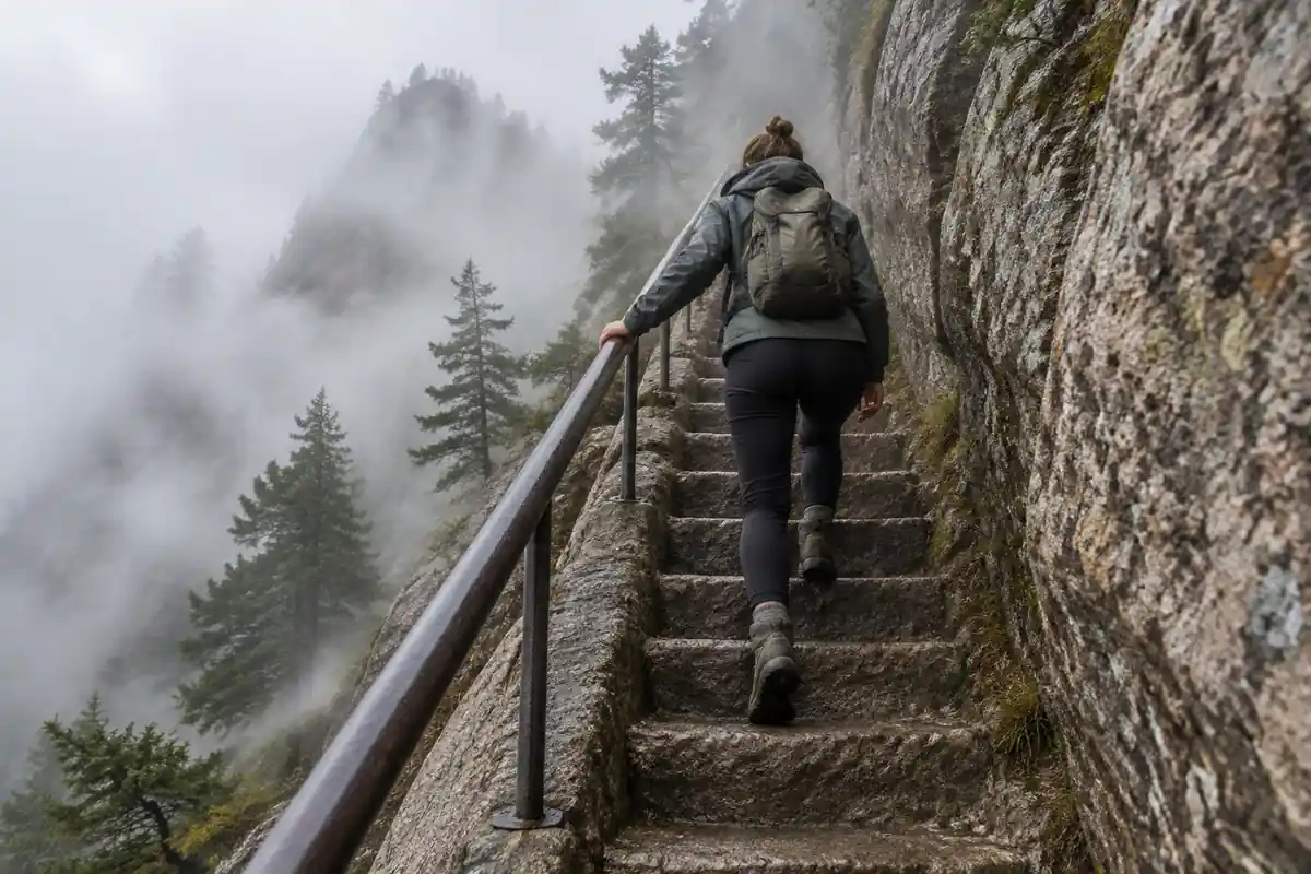Walker with small backpack climbing a steep carved stone staircase between granite walls