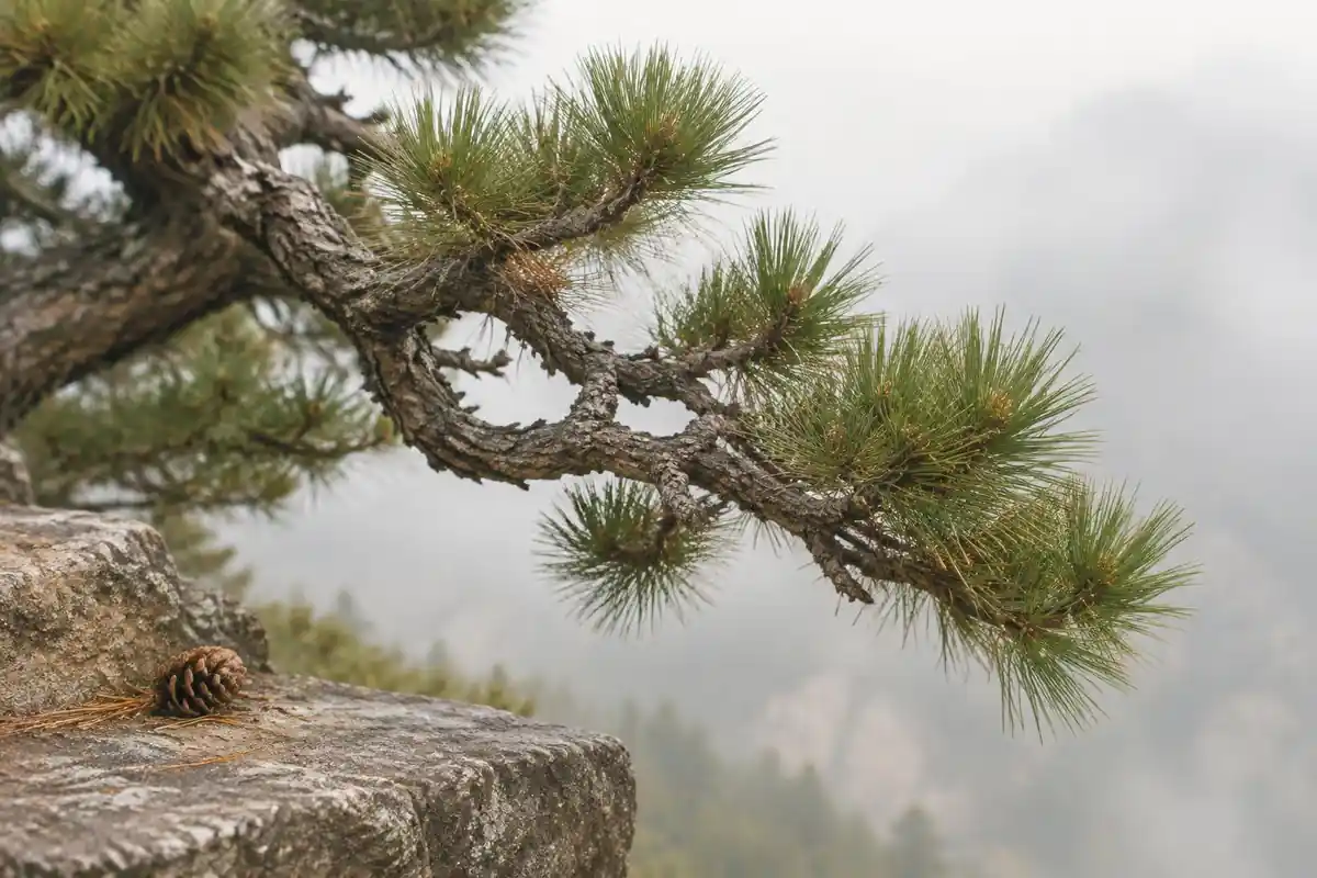 Gnarled pine branch against pale mist above a stone step edge
