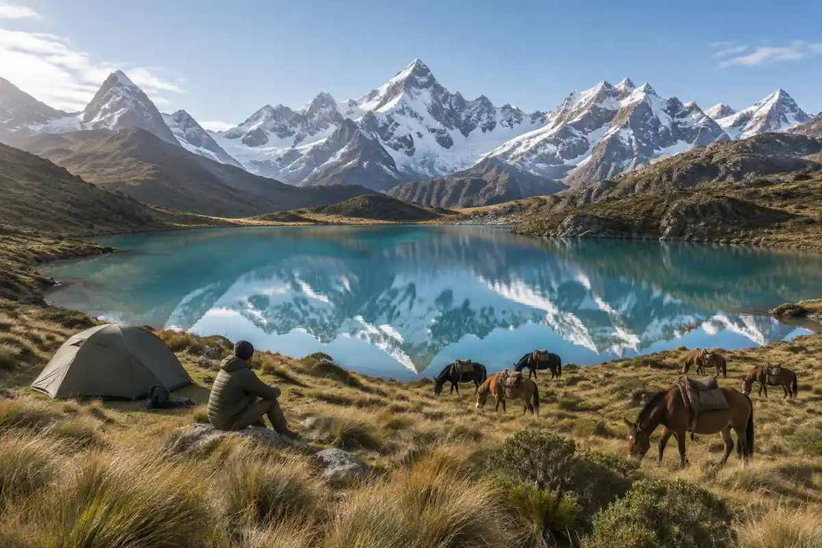 Jagged white peaks reflected in a turquoise lake beside a lone tent camp