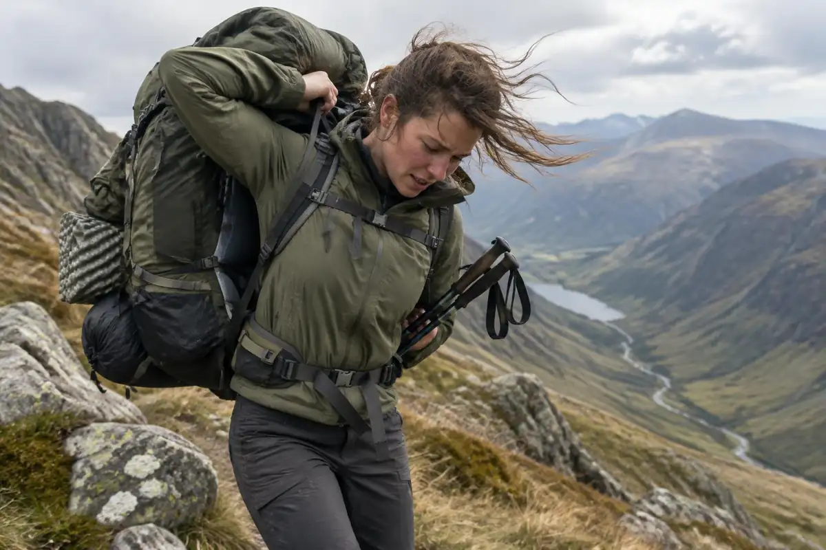 Trekker heaving a loaded pack onto her back on a windy col