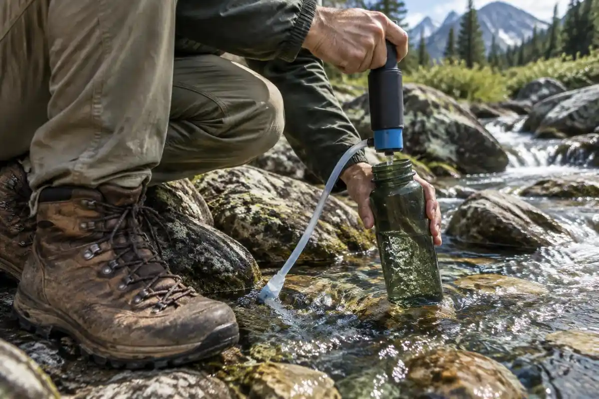 Hand filling a bottle through a pump filter at a cold mountain stream by leather boots