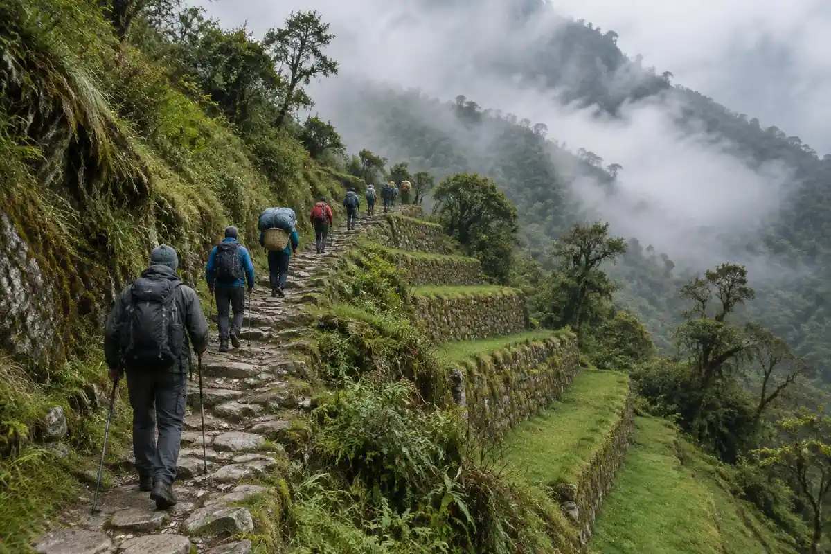 Ancient stone stairway climbing through cloud forest with green terraces beyond