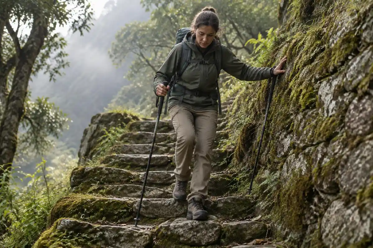 Trekker with poles going down a long set of steep stone steps