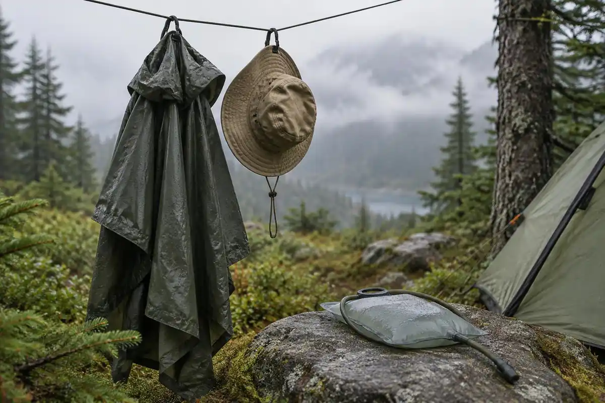 Damp poncho and sun hat drying draped on a tent line beside a filled hydration bladder