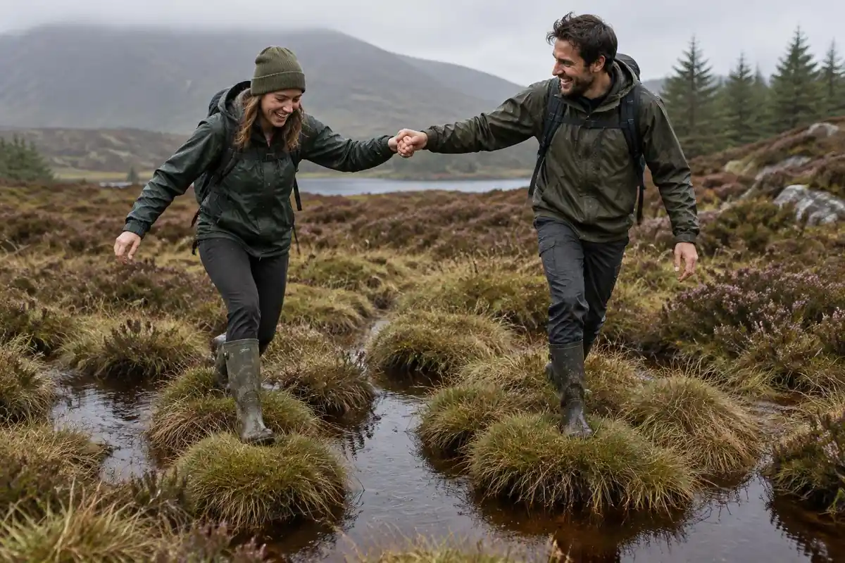 Couple crossing a boggy patch by stepping on tussocks in the drizzle
