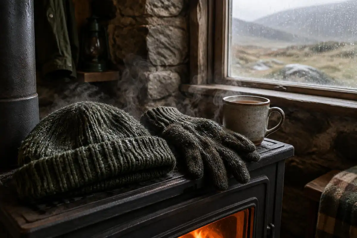 Wet wool hat and gloves drying beside a mug of tea in a stone bothy