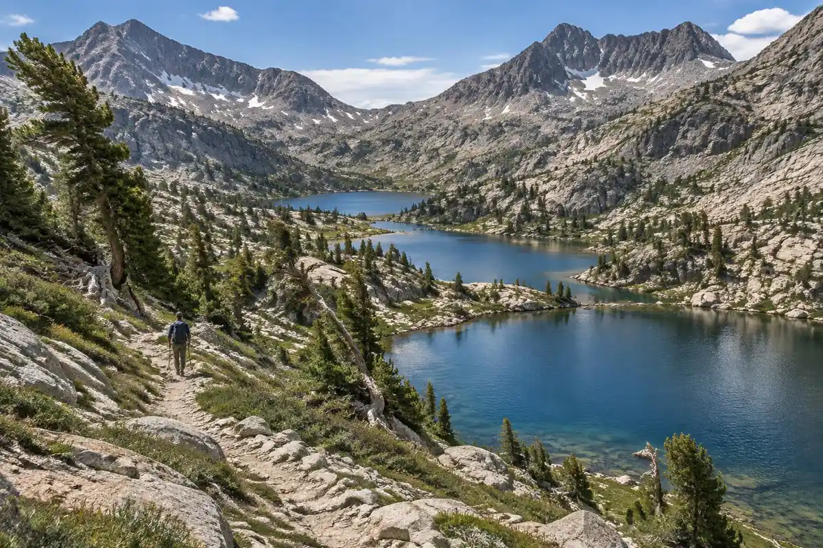 Long high mountain pass with a chain of alpine lakes and a tiny hiker