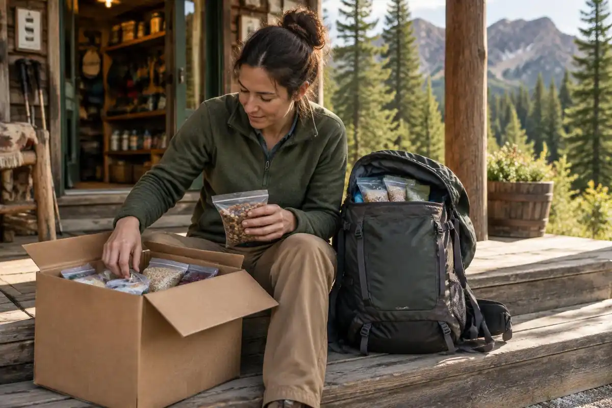 Hiker at a remote post office counter or shelf collecting a resupply box of food