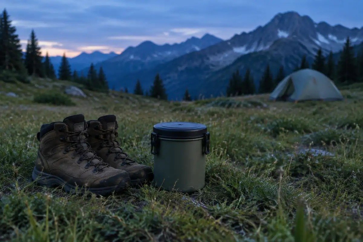 Bear canister on a flat rock away from the tent at dusk