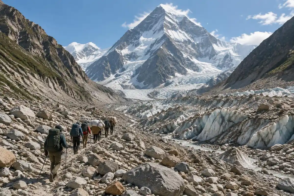 Long glacier moraine leading to a giant pyramid peak with a trekker line
