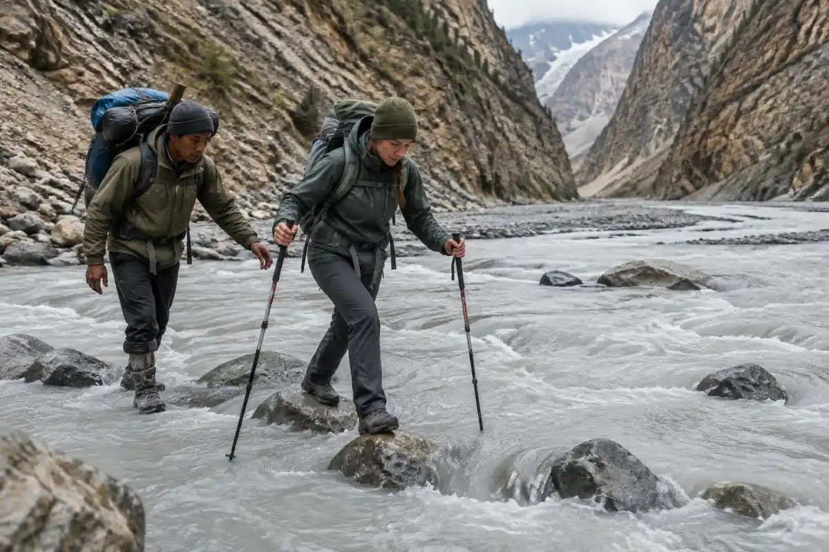 Trekker crossing a silty glacial stream on stones with a porter steadying