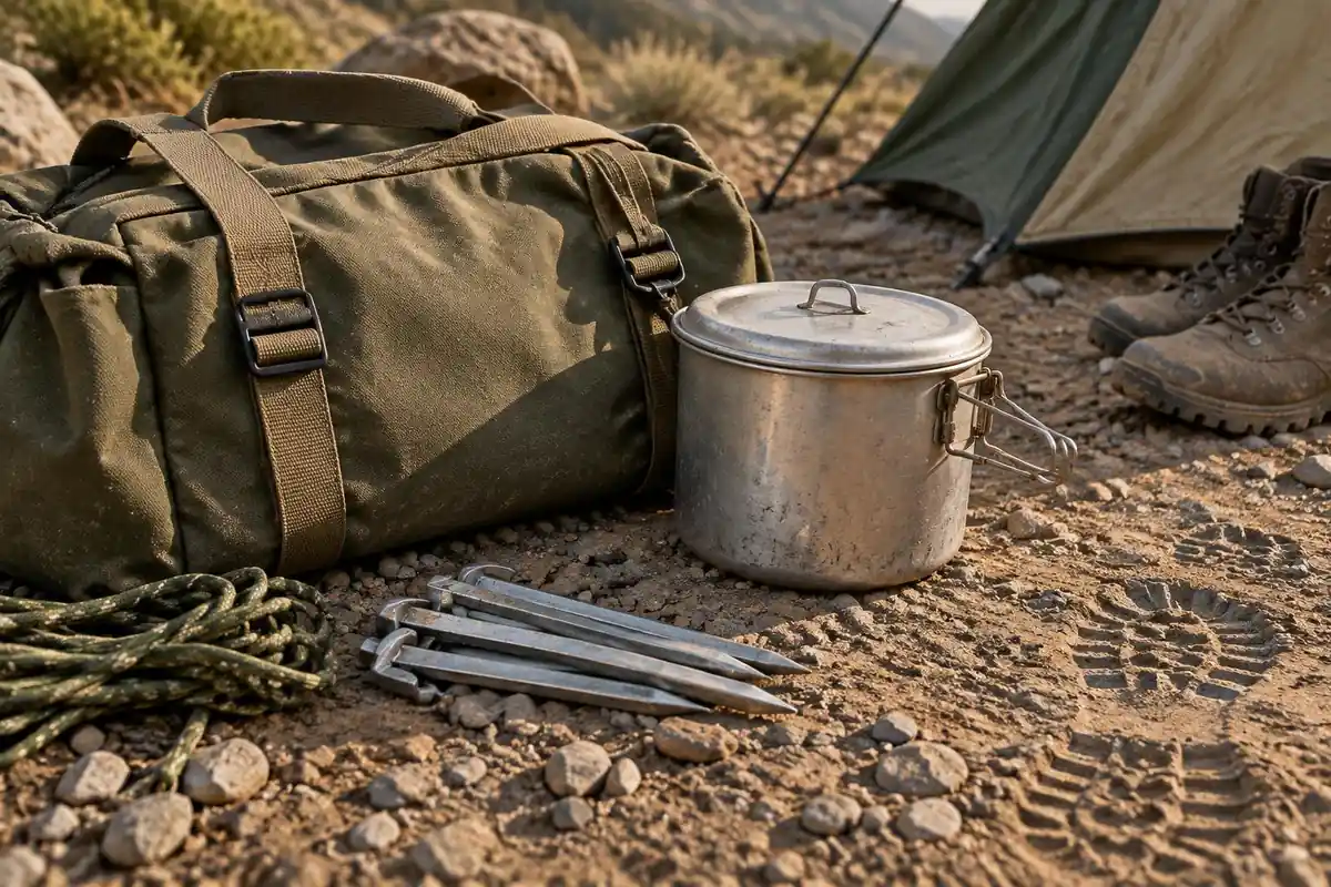 Kit bag, aluminium pot and tent stakes on gravel at a dusty camp