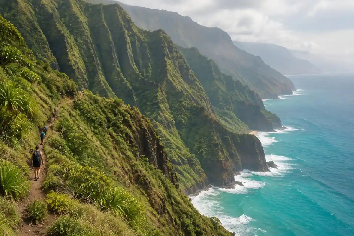 Green sea cliffs with a narrow trail above a tropical coast and surf