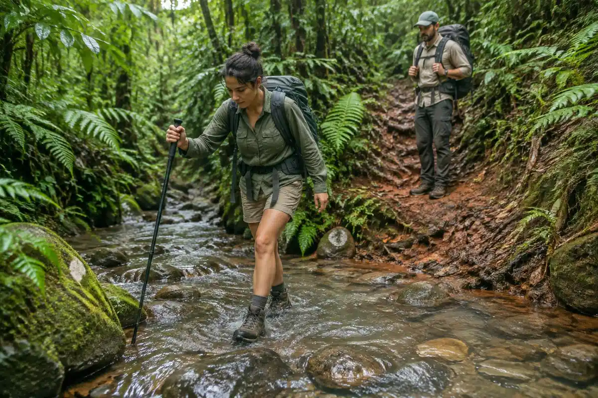 Hiker wading a small jungle stream with poles while another waits