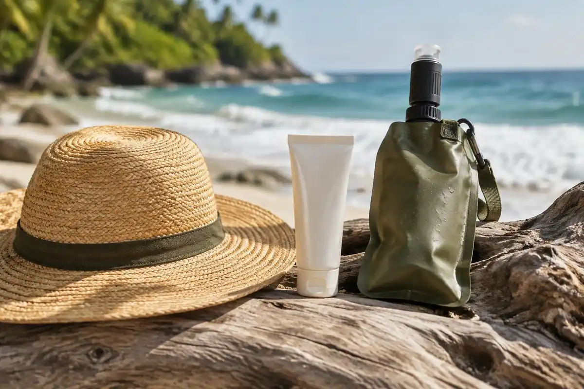 Sun hat, sunscreen tube and a filter pouch laid on a driftwood log at a beach camp