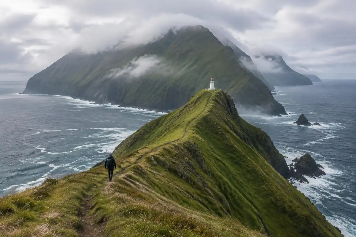 Small lighthouse on a grassy headland with steep green slopes above a stormy sea