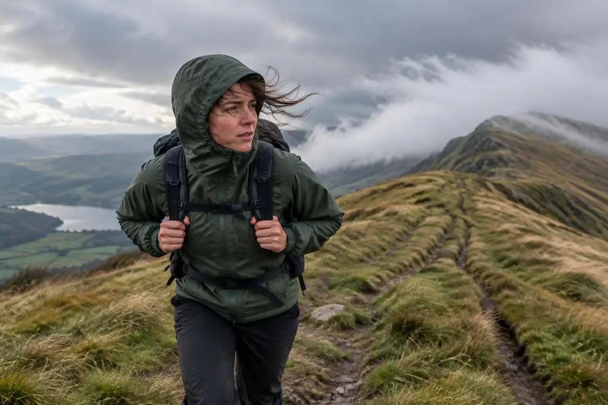 Woman in waterproof jacket leaning into strong wind on a grassy ridge path