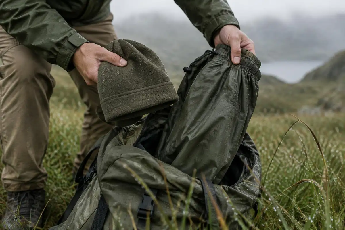 Hands pulling waterproof overtrousers and a fleece hat from a pack on wet grass