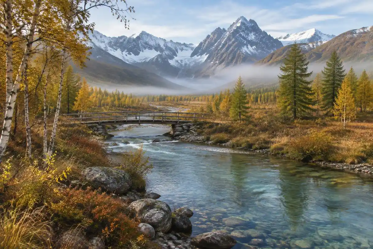 Clear river winding through birch and larch below jagged mountains in autumn