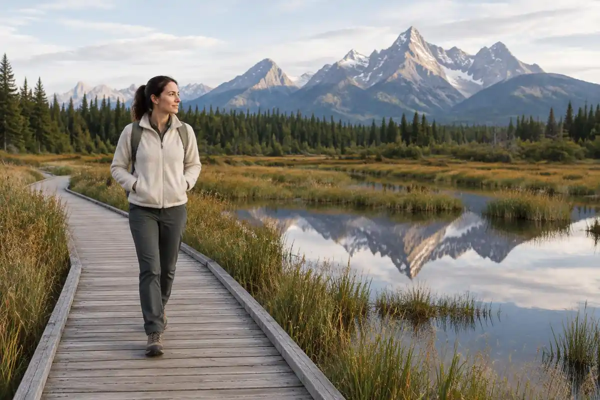 Woman walking a wooden boardwalk beside a reed marsh with peaks reflected