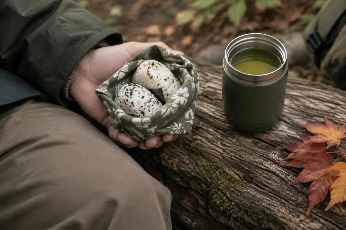 Hand holding wrapped rice balls beside a green tea cup on a log with autumn leaves