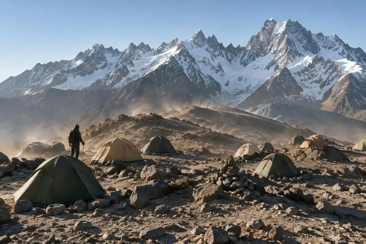 Scattered tents on a barren high ridge camp beneath an ice-capped summit rim