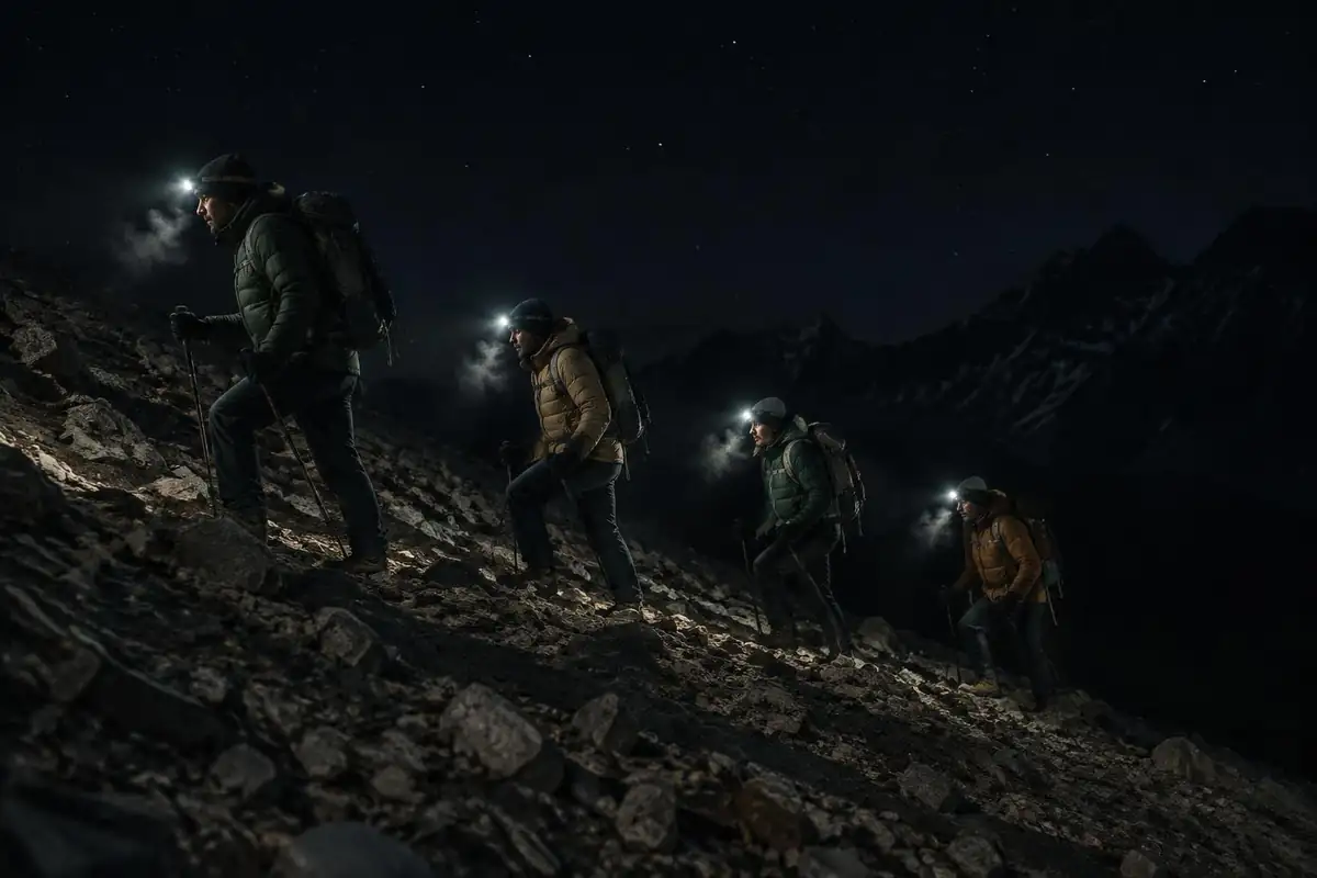 Line of trekkers with headlamps climbing a steep scree zigzag in the dark