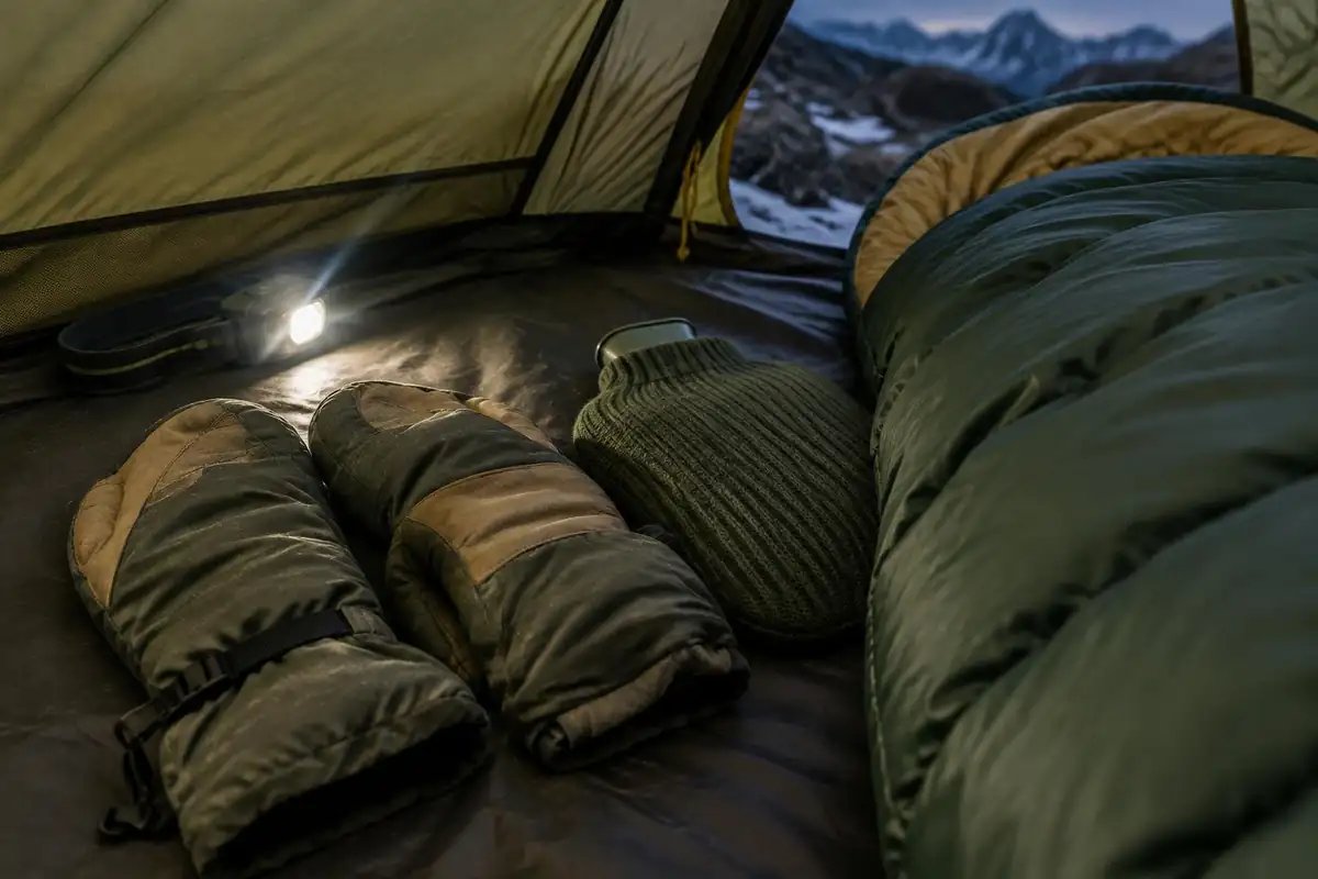 Insulated mittens and a hot-water bottle by a sleeping bag with a headlamp glow
