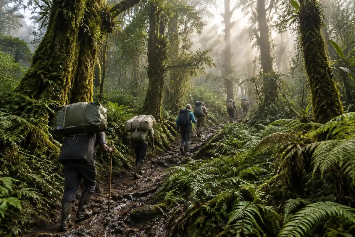 Trekking party with porters winding up a muddy path through misty rainforest