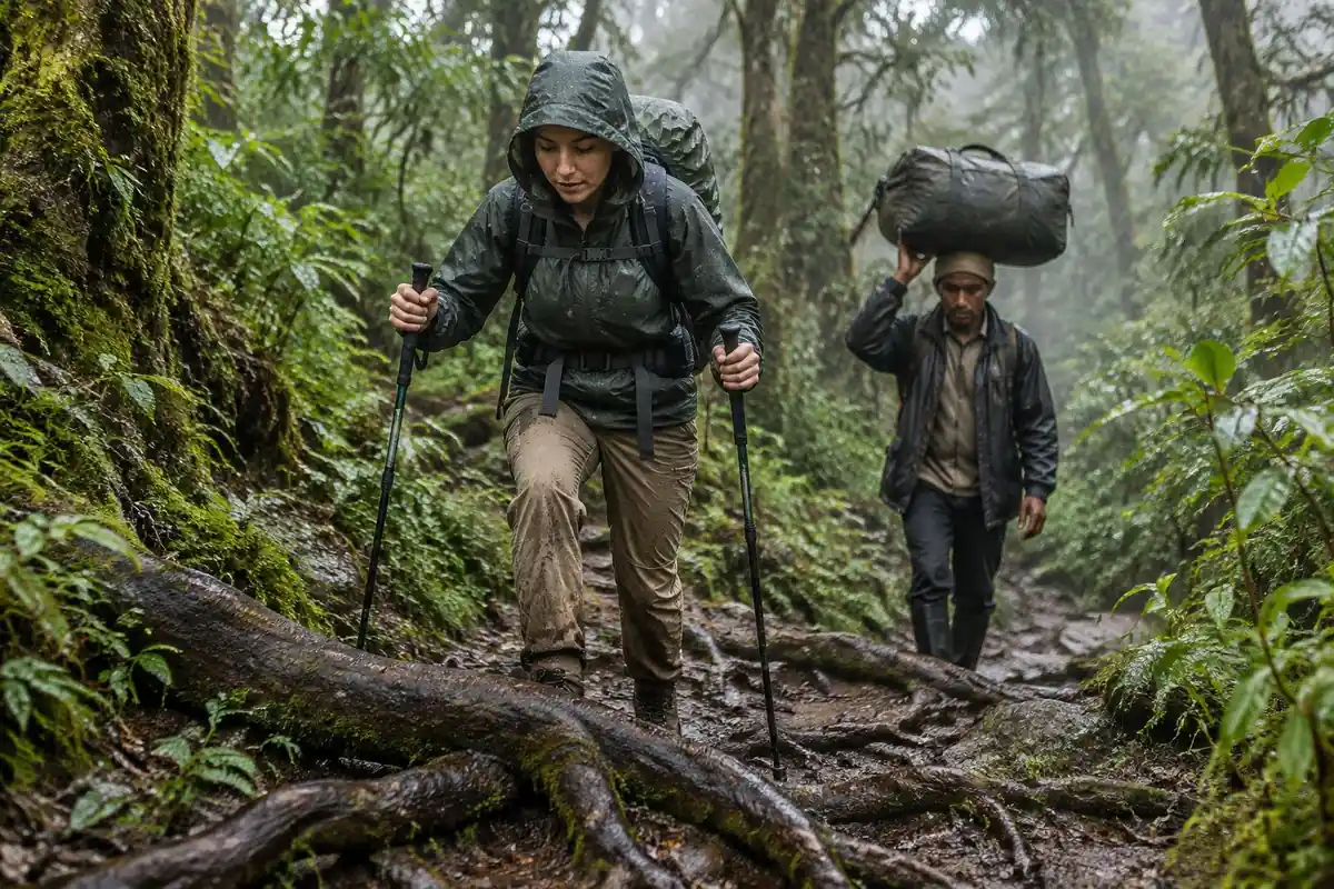 Trekker in rain jacket with poles stepping over wet tree roots as a porter passes