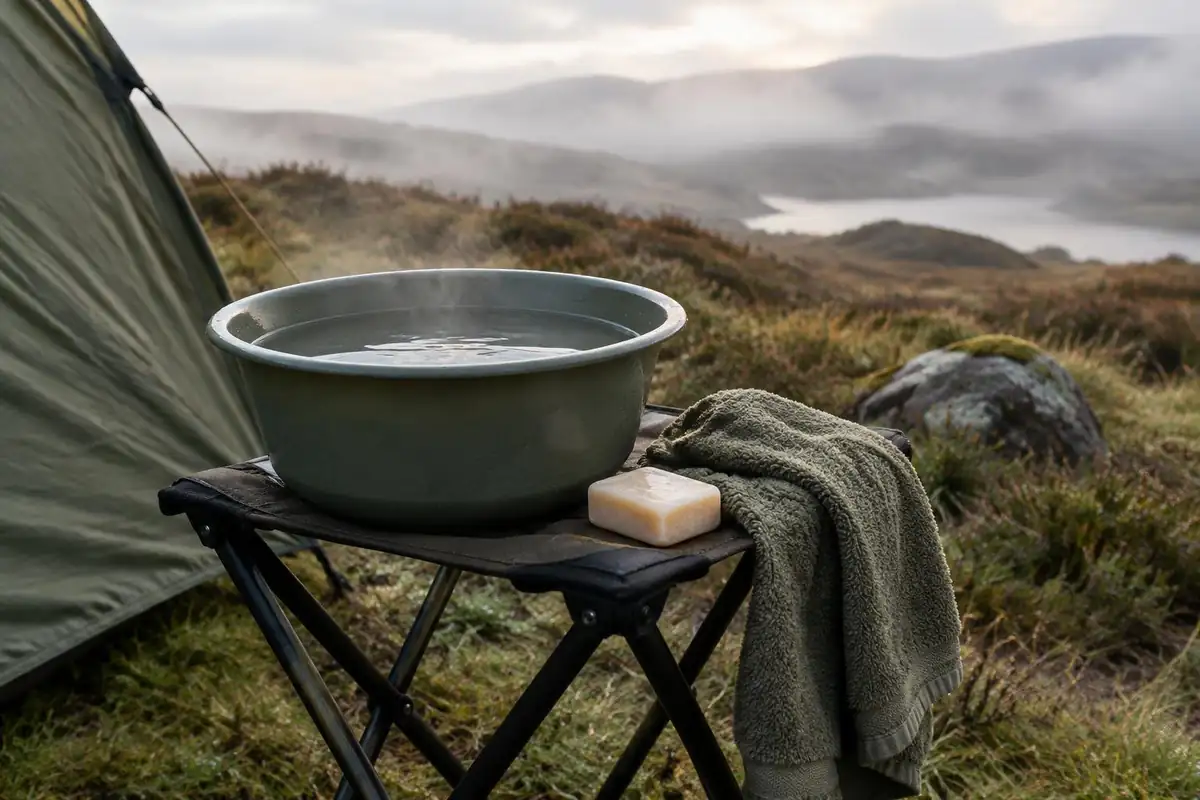 Washing bowl on a folding stool beside a tent in misty moorland camp