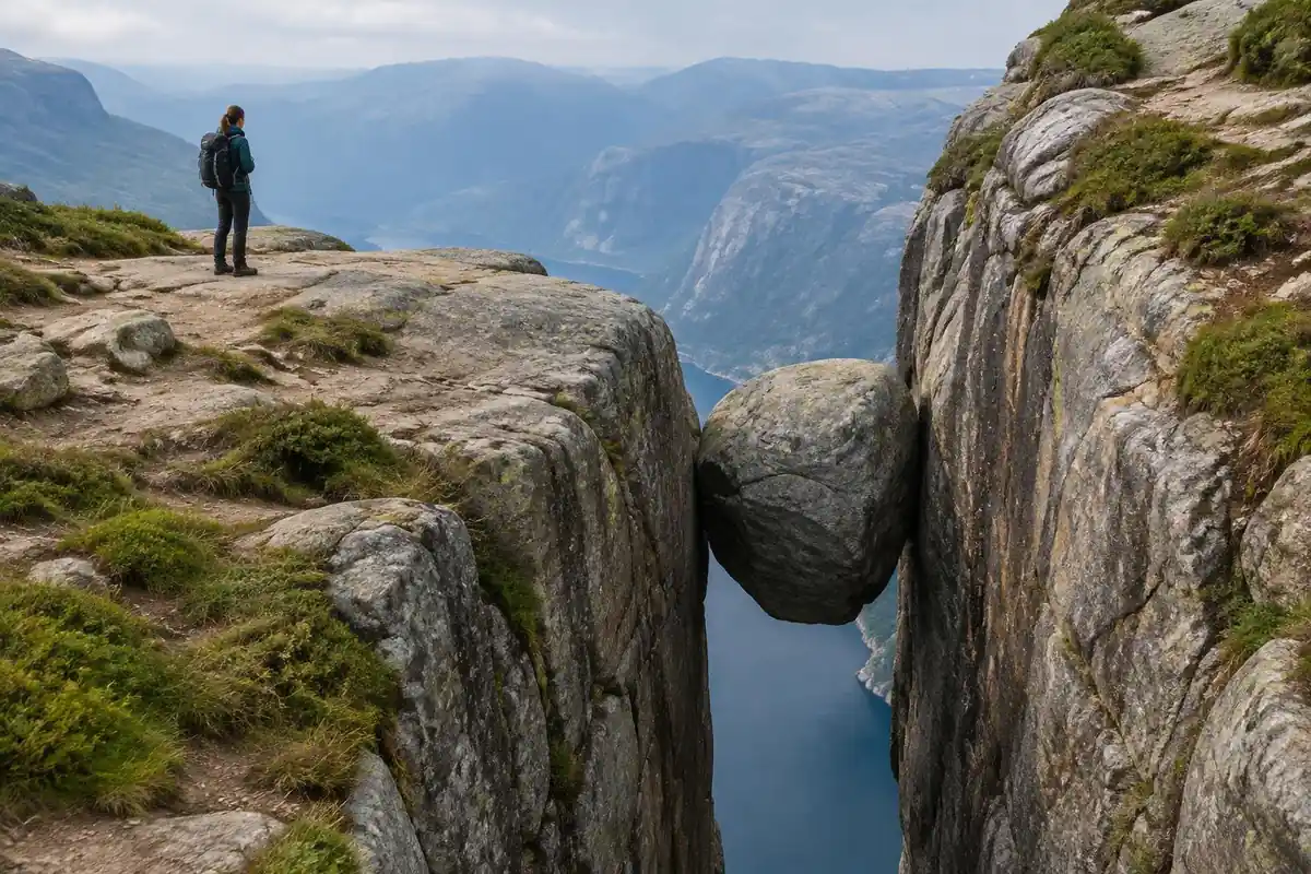 Large boulder wedged between cliff walls above a fjord, hiker waiting behind on rock