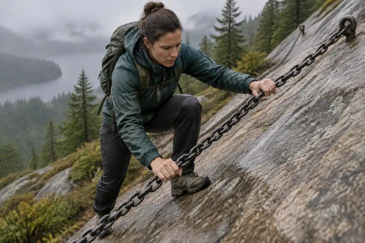 Hiker holding a fixed chain while climbing a wet smooth granite slab