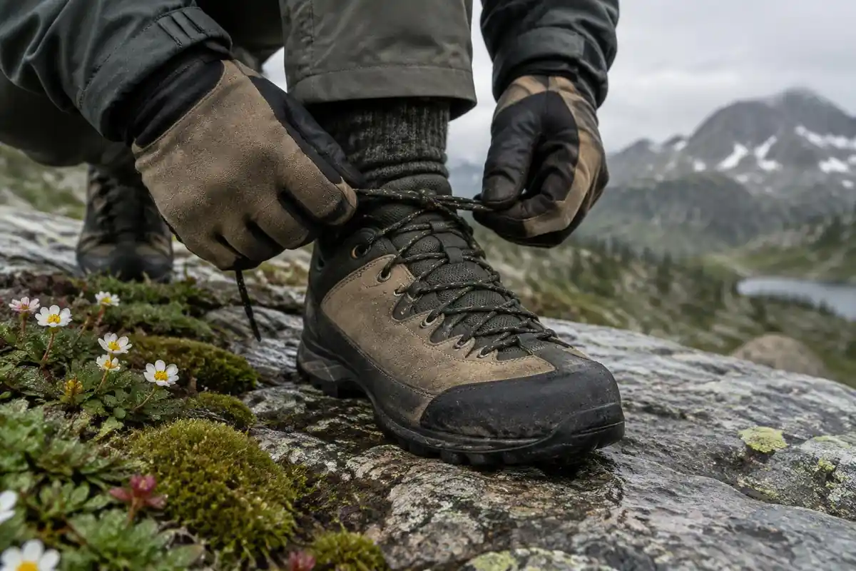 Gloved hands tying laces of sturdy shoes on a flat rock with alpine flowers