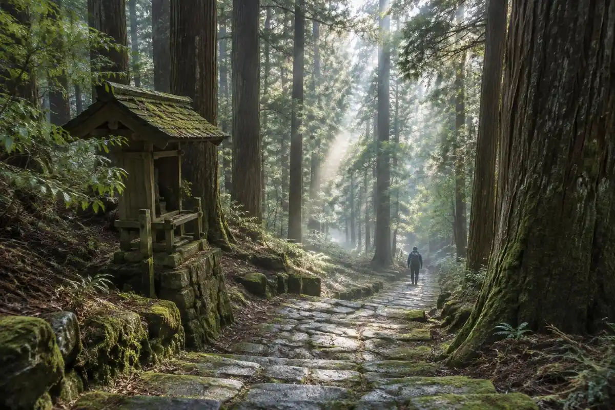 Mossy stone path descending through tall cedar forest with a small wayside shrine