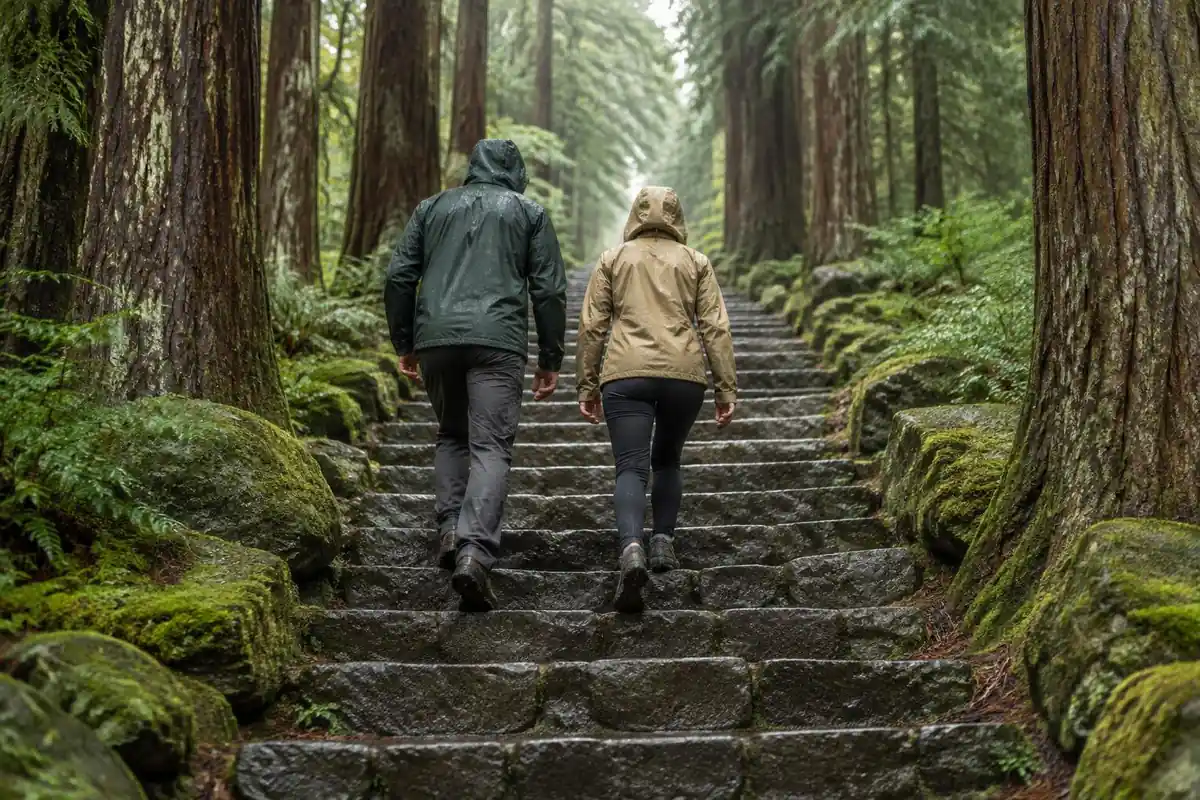 Couple in rain jackets climbing worn stone steps through cedar trunks