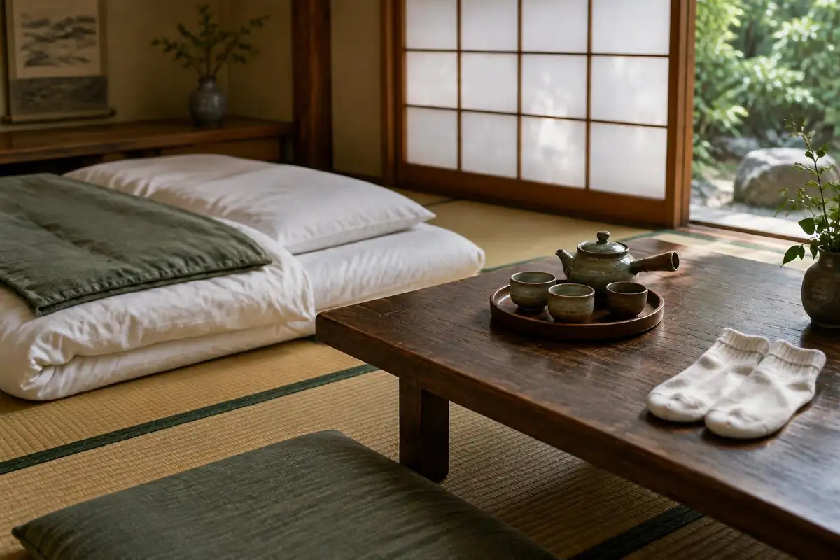 Low table with tea set and a folded futon in a paper-screened guesthouse room