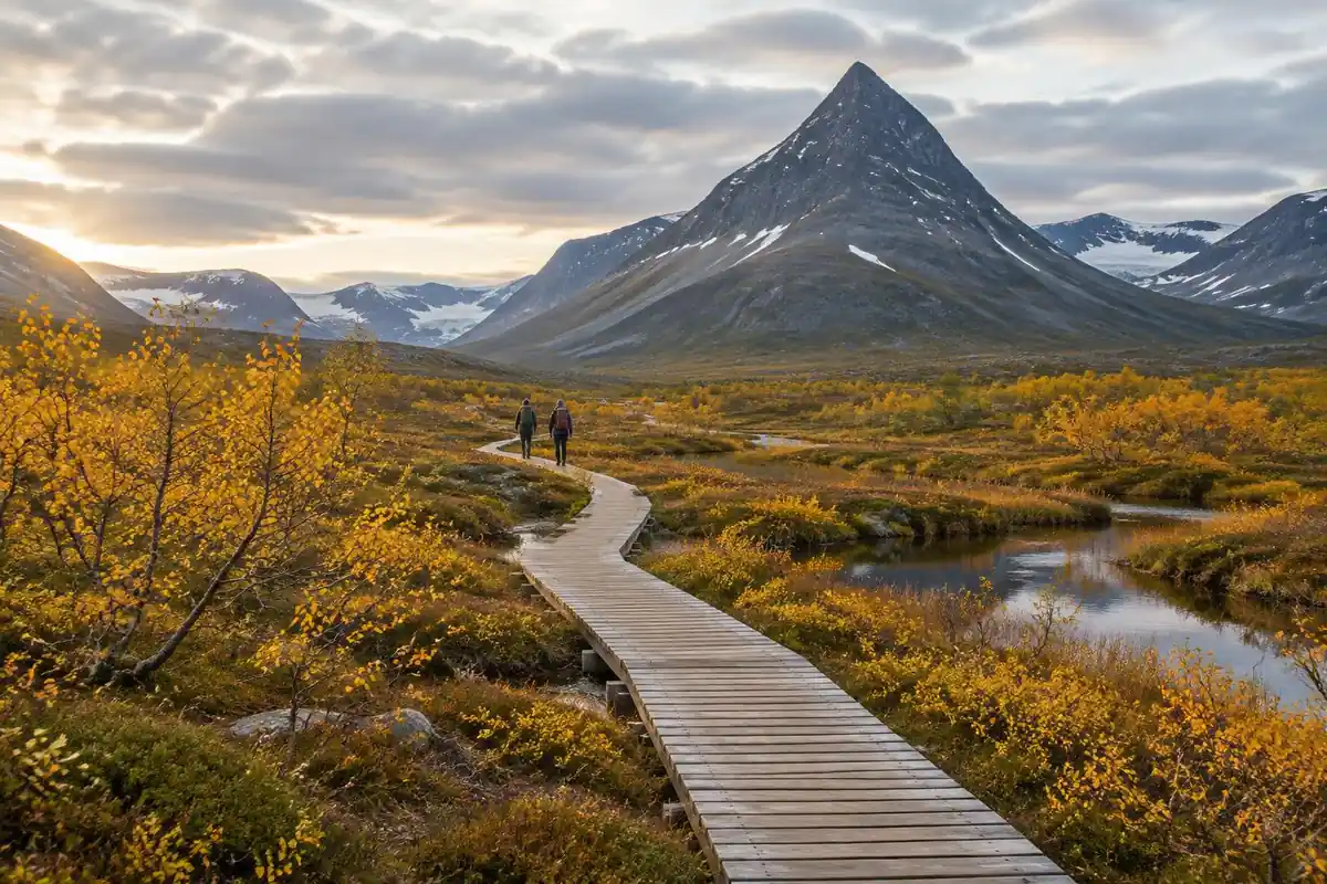 Wooden boardwalk over an arctic marsh toward a pointed mountain in autumn gold