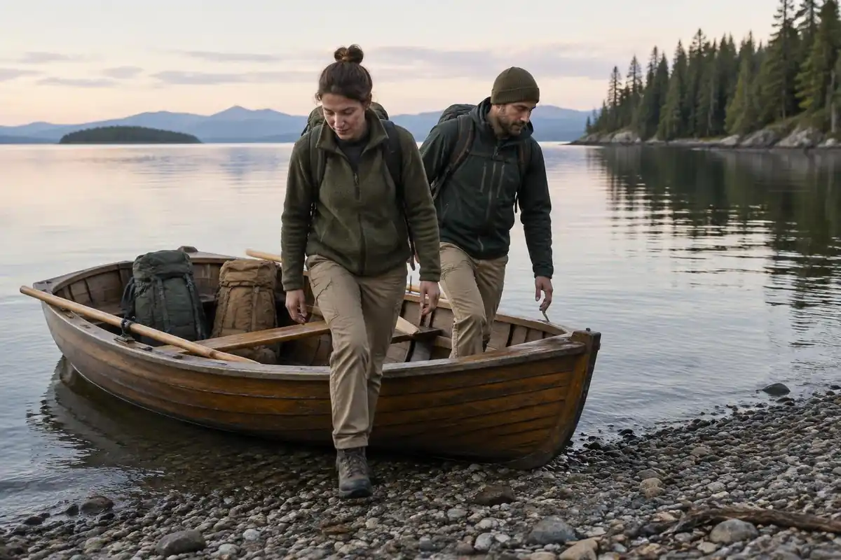 Couple stepping from a small rowing boat onto a pebbly arctic lakeshore