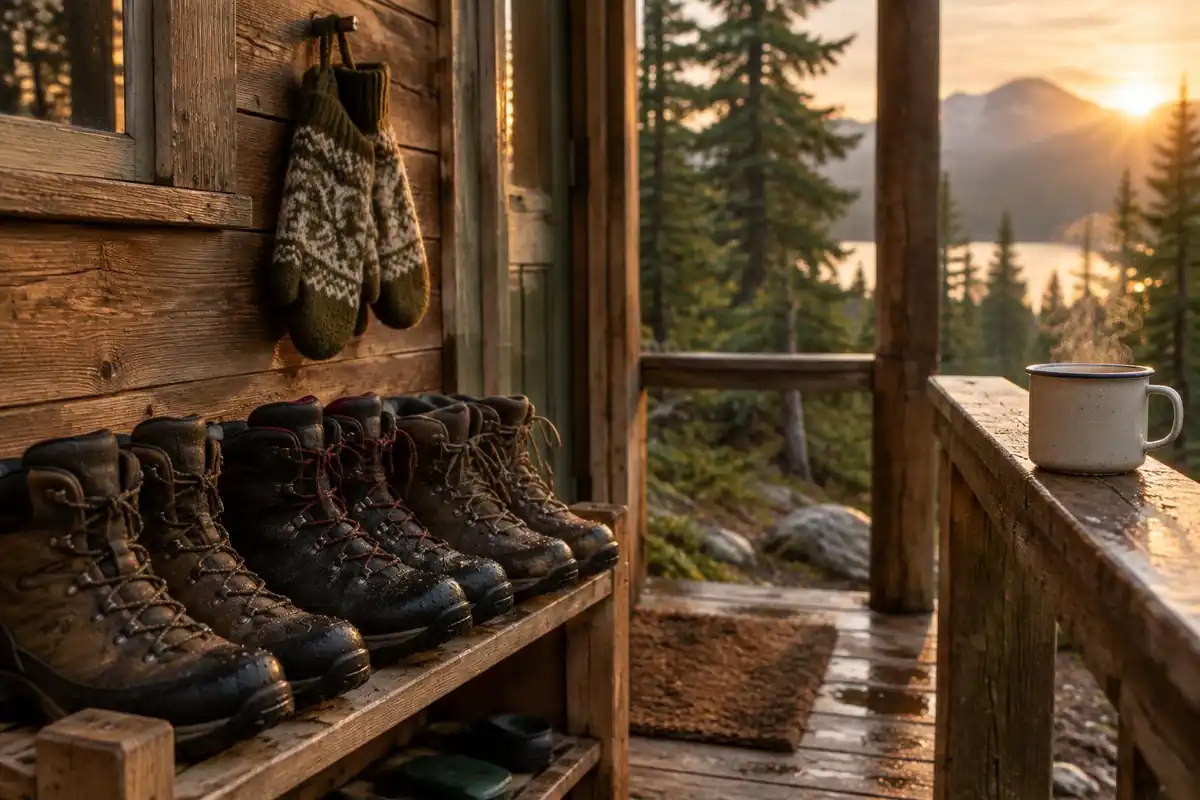 Boots on a rack and steaming mug on a rustic wooden hut porch
