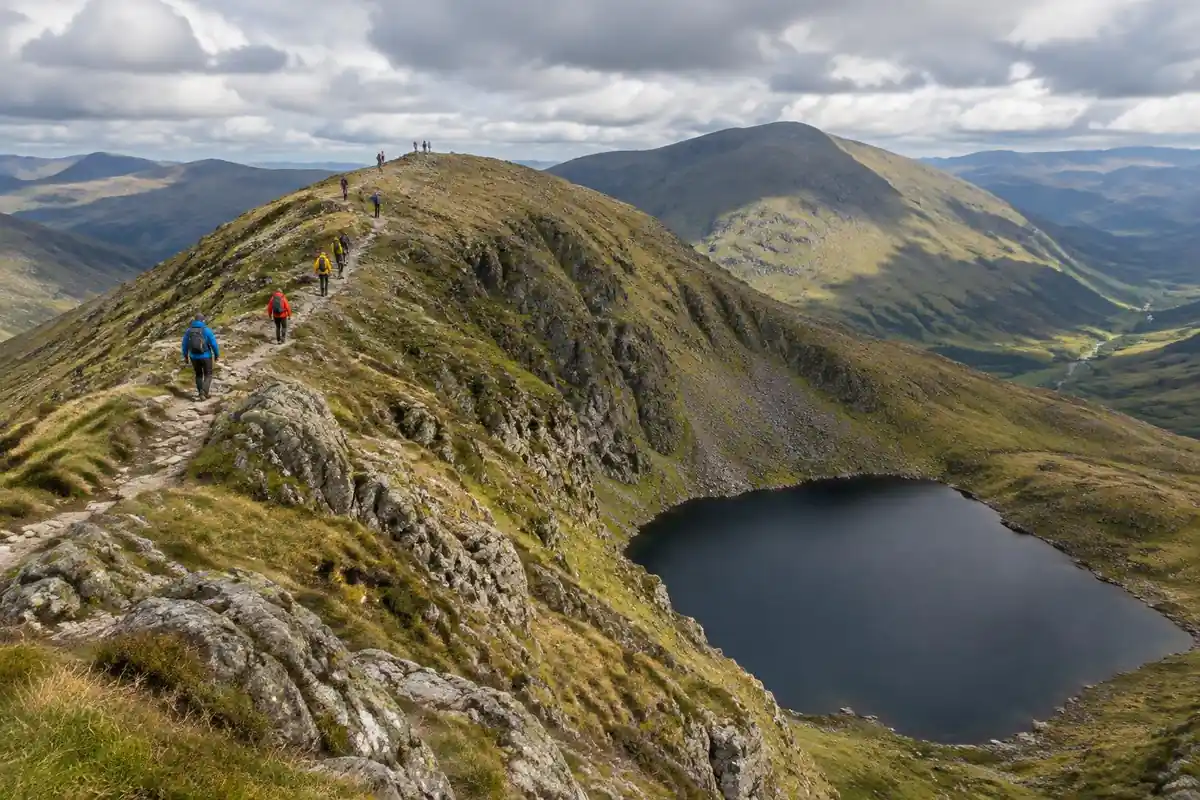 Jagged fell ridge above a dark glacial tarn with walkers on the crest